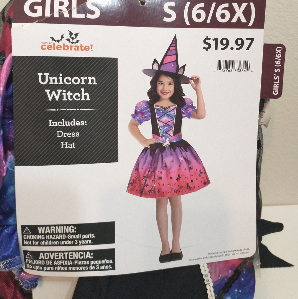 Way to Celebrate! Girls S(6/6X) Unicorn Witch Dress & Hat Halloween CostumeNew